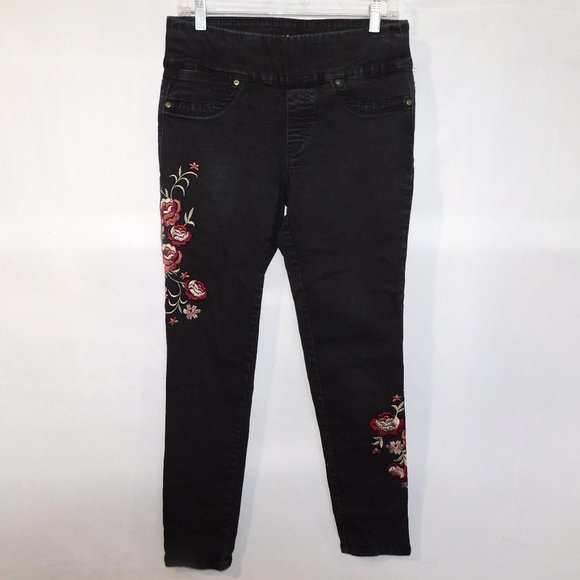Style & Co Womens S Black Floral Embroidered Skinny Leg Pull On Jean - Picture 1 of 13
